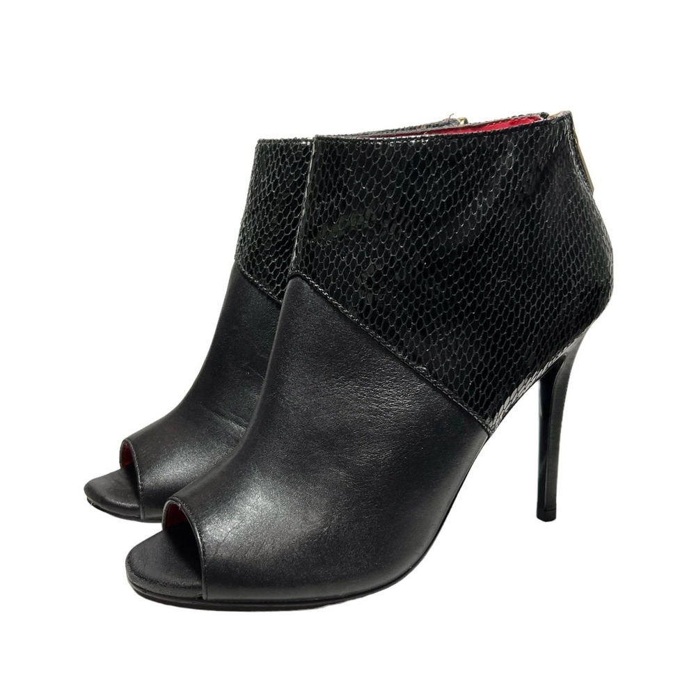 Charles Jourdan Black Leather Snakeskin Zipper Peep Stiletto Ankle Boot Size 7